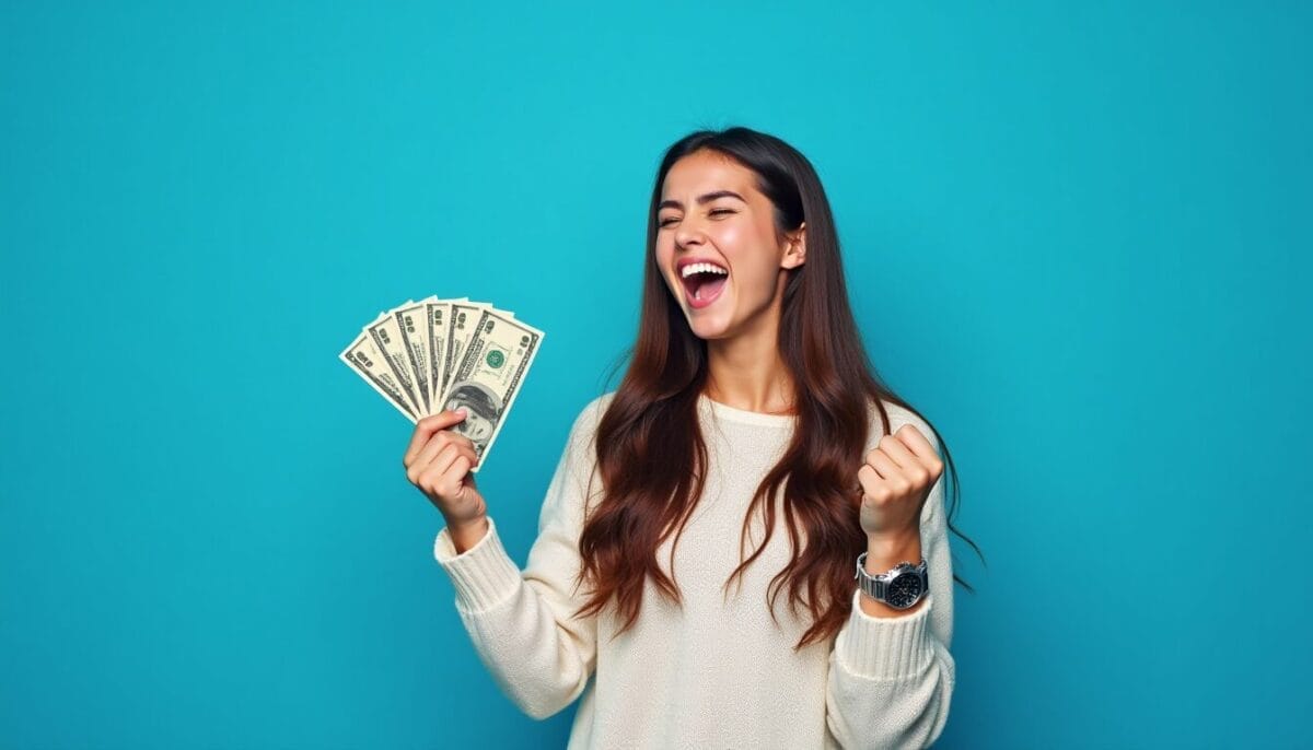 Variable Annuity (3) A woman in a blue background happily holding money.