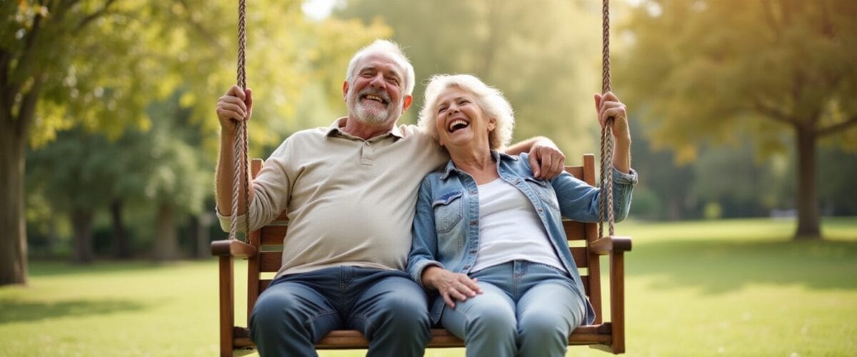 Annuity on a swing. Happy elderly couple in a swing.